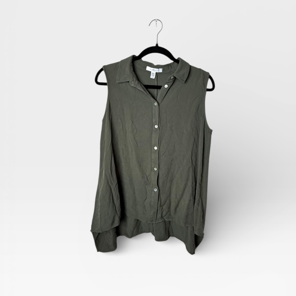 Fever Olive Green Button Up Sleeveless Blouse‎ (F)